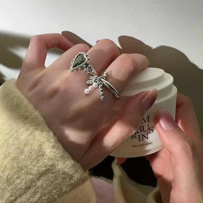 High End Vintage Punk Green Zircons Party Rings for Women Couples New Fashion Creative Tassel Geometric Handmade Party Jewelry