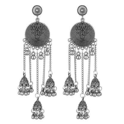 Ethnic Style Retro Geometric Round Bead Bells Tassel Long Dangling Earrings Women Indian Jhumka Jewelry
