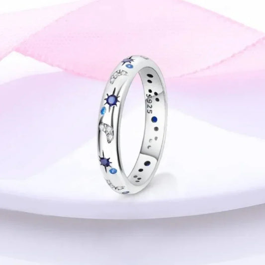 New Celestial Blue Sparkling Moon Sun Star Crystal Ring for Women Fashion Elegant Stackable Finger Band Party Jewelry Gifts