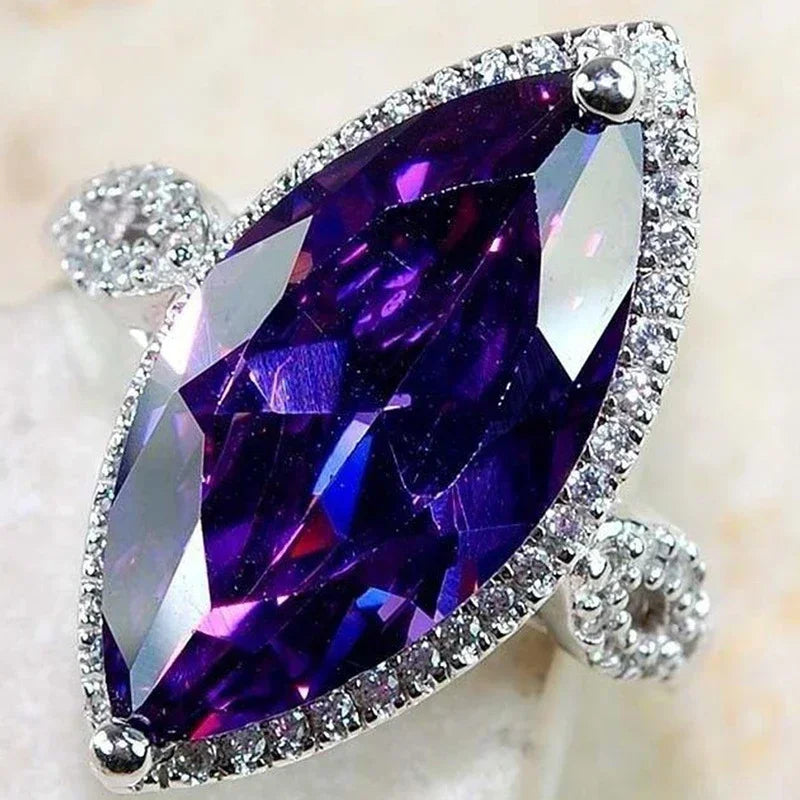 2025 New Purple Cubic Zirconia Ring with Sparkling Square Crystal, High End Women's Personalized Fashion Cocktail Party Jewelry