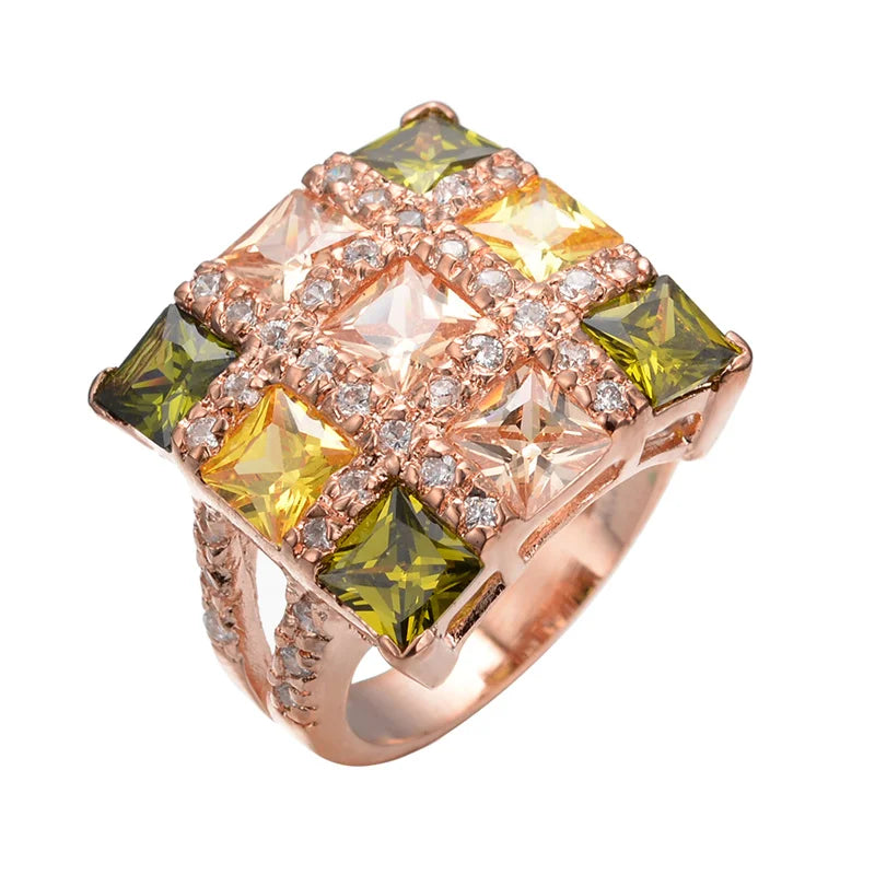 Luxury Female Multicolor Zircon Large Square Rings For Women Rose Gold Color Yellow Olive Green Stone Big Cocktail Ring Jewelry