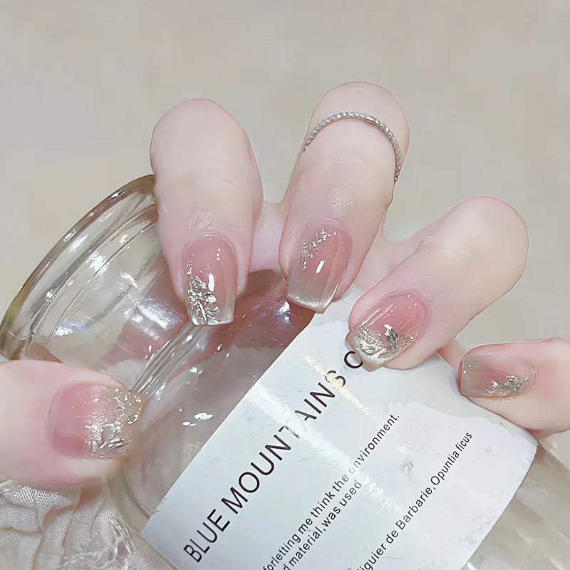 24Pcs Glitter Diamond Press On Nails Sweet Cute Girl Acrylic Nails Full Cover Short Square Fake Nails Wearable Manicure Nail Tip