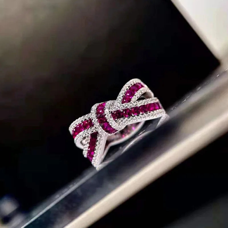 2025 New Elegant Red Corundum Ring with Extra Large Zircon Fashion Party Jewelry Flower Dove Egg Shining First