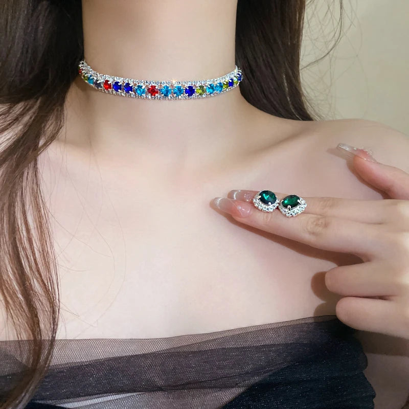 Luxury Green Rhinestone Necklace Stud Earrings For Women Crystal Choker Necklaces Ladies Fashion Weddings Banquet Jewelry Set