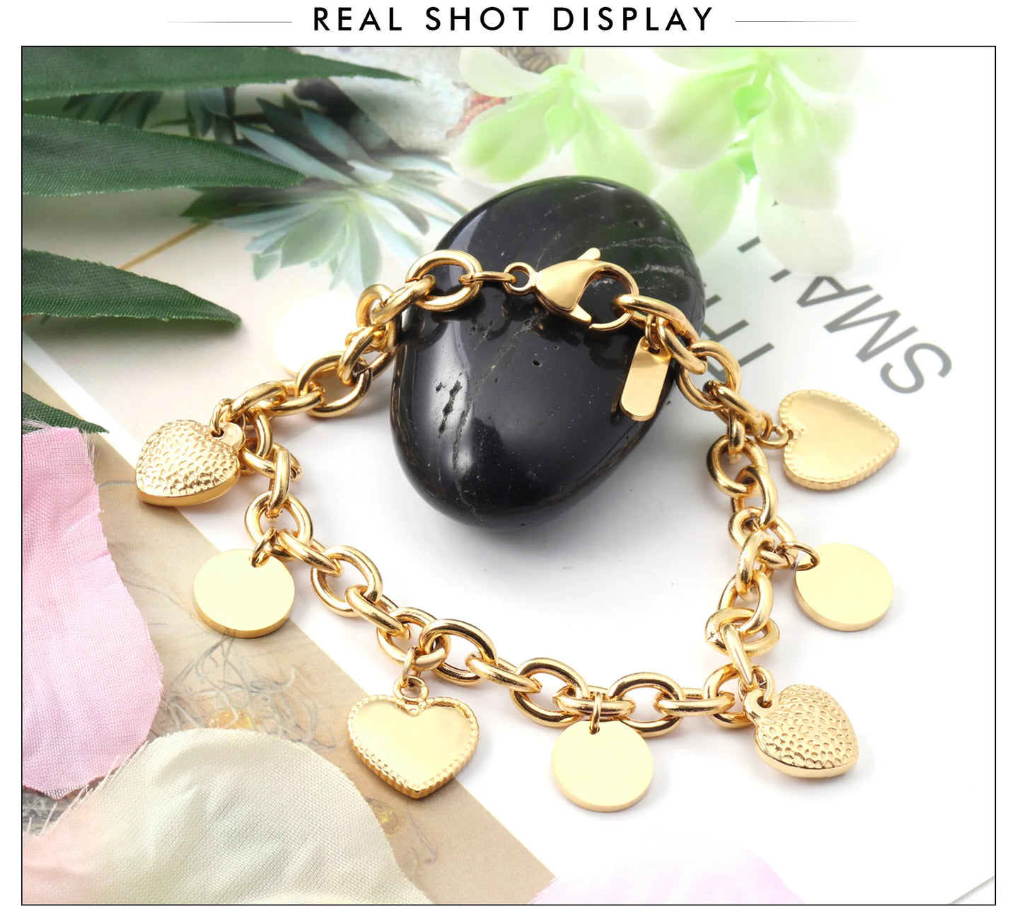 LUXUSTEEL Stainless Steel Heart Coin Charm Bracelet for Women Girl Golden Color Cuban Link Chain Bracelet Jewelry Gift 20cm