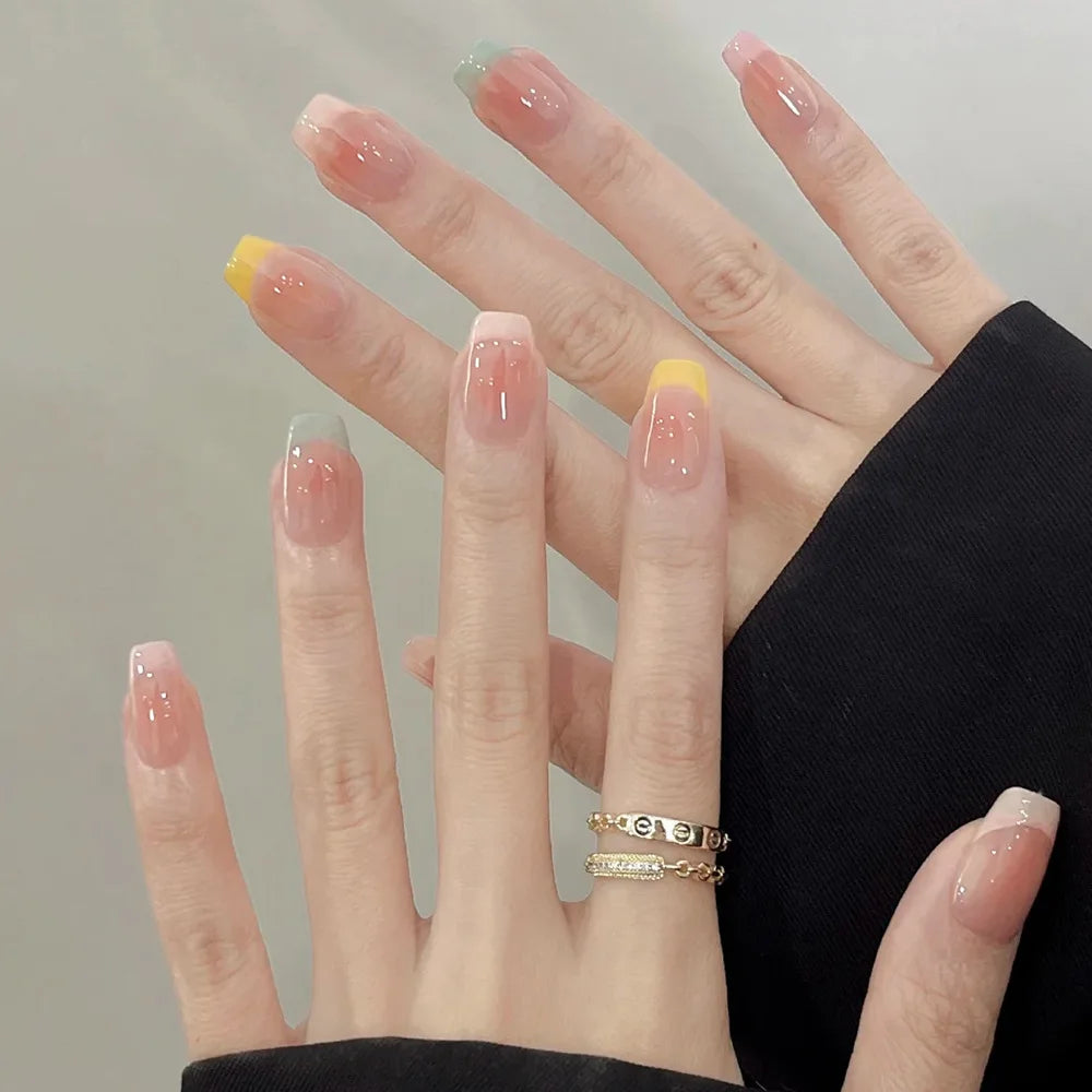 24Pcs Glitter Diamond Press On Nails Sweet Cute Girl Acrylic Nails Full Cover Short Square Fake Nails Wearable Manicure Nail Tip