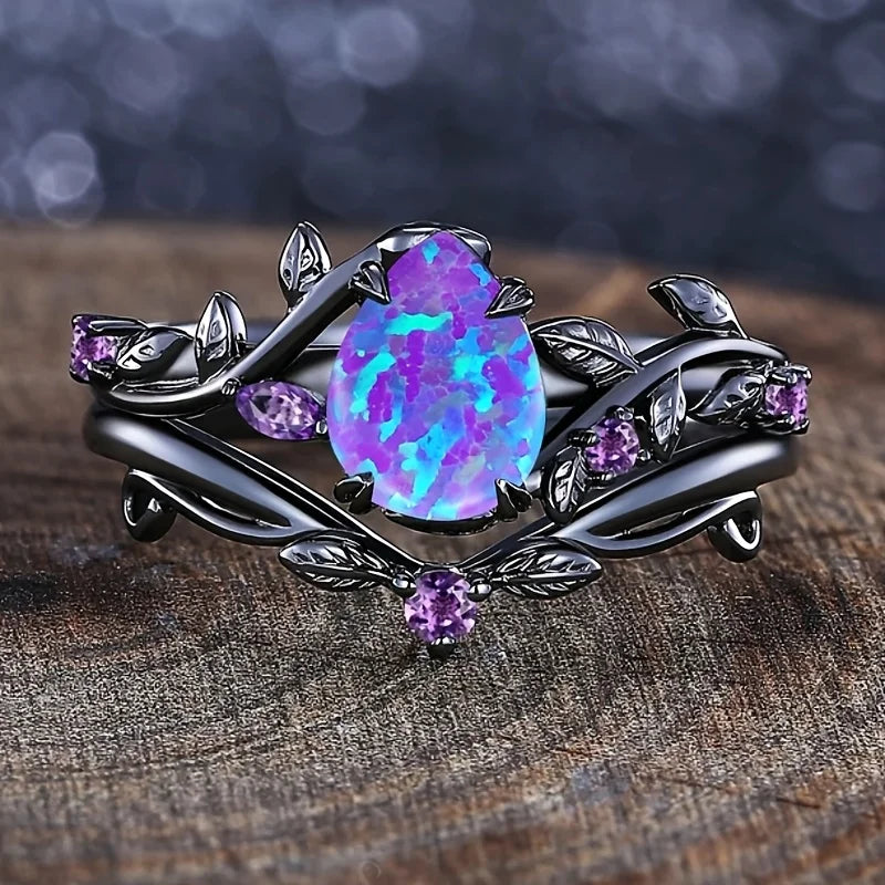 Elegant and Luxurious Synthetic Opal Vine Leaf Engagement Wedding Ring Wedding Jewelry Accessory Valentine's Day Gift