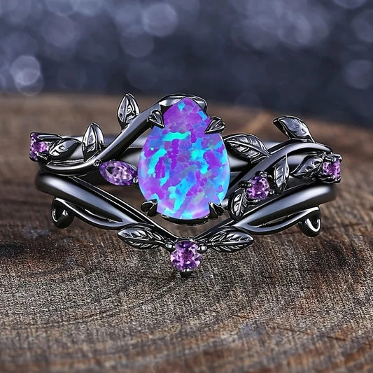 Elegant and Luxurious Synthetic Opal Vine Leaf Engagement Wedding Ring Wedding Jewelry Accessory Valentine's Day Gift