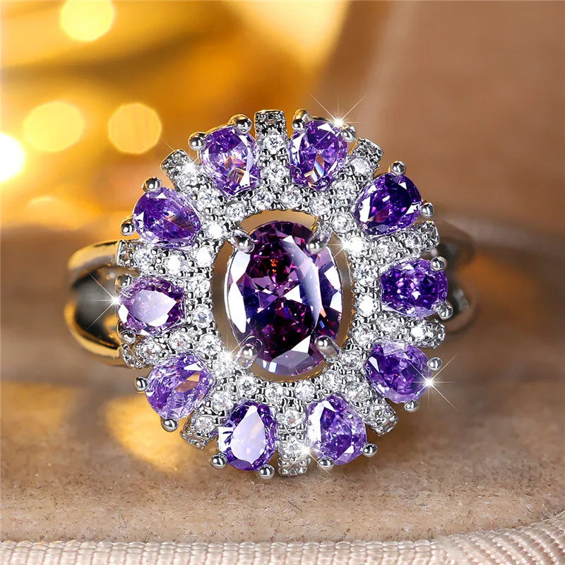Charm Female Oval Purple Zircon Stone Engagement Big Flower Cocktail Ring Silver Color Wedding Jewelry For Women