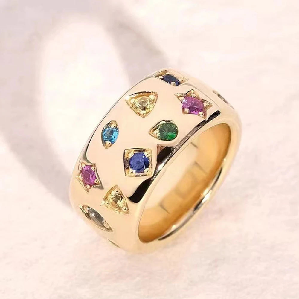 Fashion Geometric Colourful Zircon Ring Party for Women Wholesale 2025 Trend Statement Chunky Metal Finger Rings Wedding Jewelry