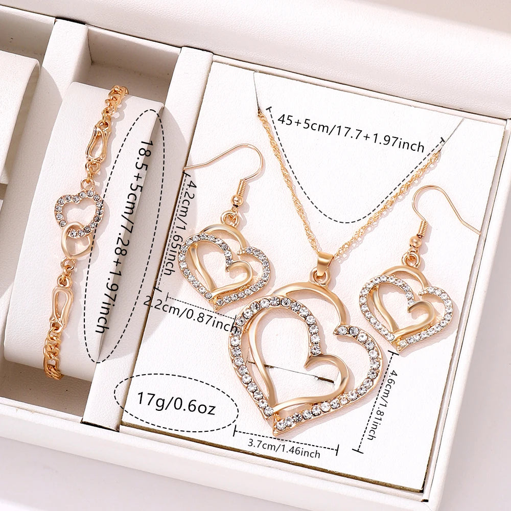 4-piece Women Jewelry Set Creative Double Heart Diamond Necklace Necklace Necklace With High-end Feel Earrings Bracelet Jewelry