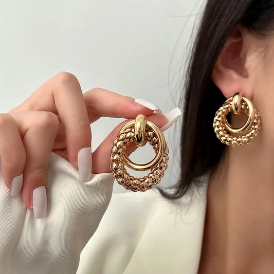 Women Earrings Big Shiny Double Rings Ear Studs Cool Round Metal Eardrop Self-confident Beauty Fashion Jewelry Accessory