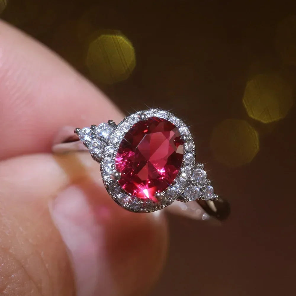 2025 New Elegant Red Corundum Ring with Extra Large Zircon Fashion Party Jewelry Flower Dove Egg Shining First