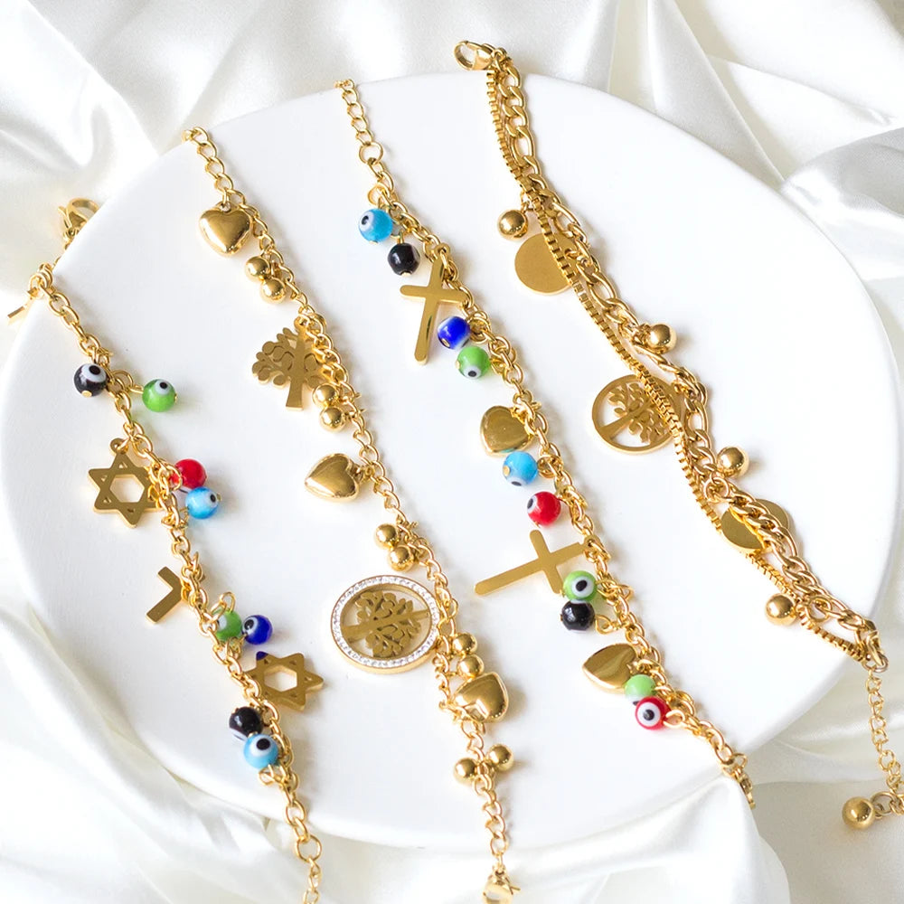 LUXUSTEEL Stainless Steel Heart Coin Charm Bracelet for Women Girl Golden Color Cuban Link Chain Bracelet Jewelry Gift 20cm