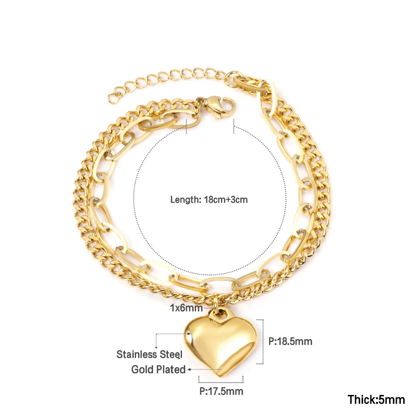 LUXUSTEEL Stainless Steel Heart Coin Charm Bracelet for Women Girl Golden Color Cuban Link Chain Bracelet Jewelry Gift 20cm