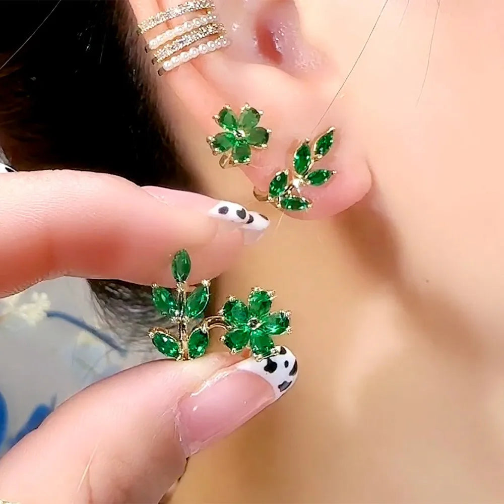 925 Silver Needle Green Flower Earrings For Women Korean Fashion Jewelry 2025 Trending Luxury Zircon Leaf Women's Stud Earrings