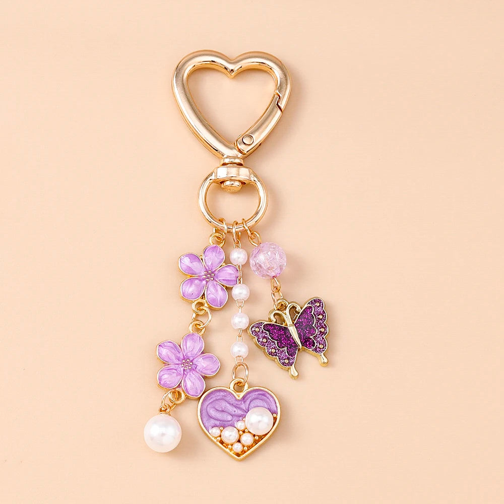Cute Enamel Flower Butterfly Keychain Women Girls Love Heart Key Ring Pendants Handbag Decor DIY Handmade Jewelry Gifts