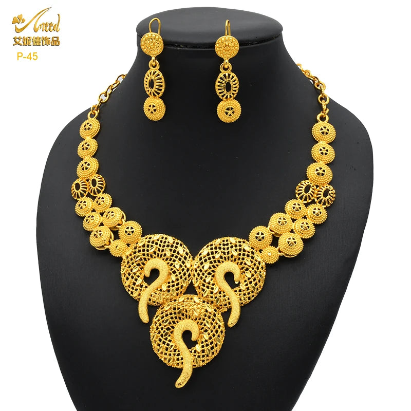 ANIID Luxury Indian Jewelry Sets for Women Party Dubai 24K Gold Color Necklace Set African Wedding Traditional Jewelry Gifts