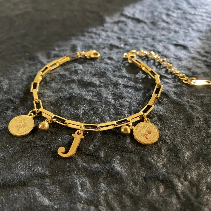 Queen Coin Letter 18K Gold-plated Stainless Steel Bracelet for Women Small Bell Pendant Adjustable Bracelet Classic Jewelry
