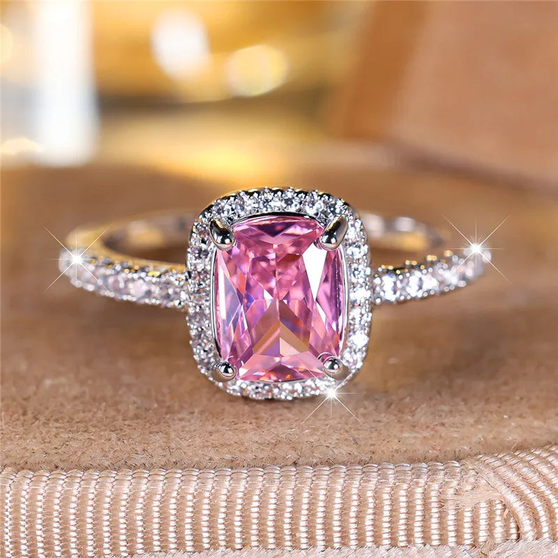 Luxury Female Girl Big Crystal Pink Square Zircon Stone Ring Silver Color Wedding Jewelry For Women