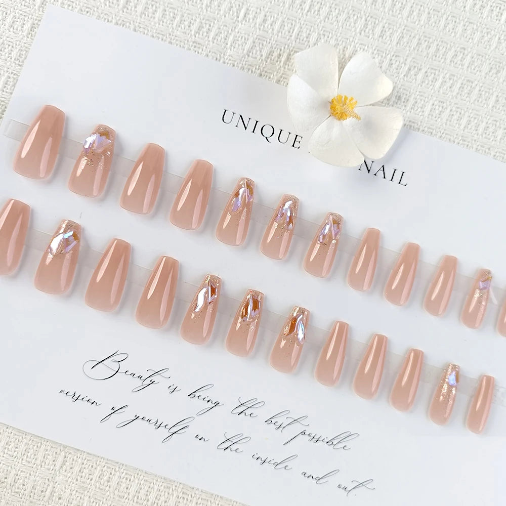 24 Pcs Short Coffin Press On Nails Pink White False Nails with Rhinestone Reusable Fake Nails With Jelly Tab