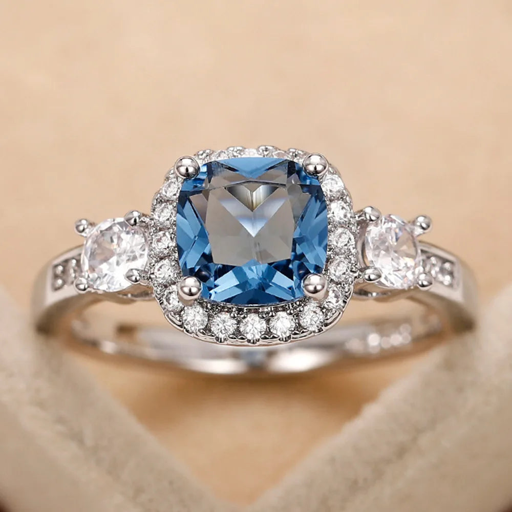 2025 New Fashion Sea Blue Cubic Zirconia Women's Wedding Ring Luxury Engagement Party Elegant   Brilliant Jewelry