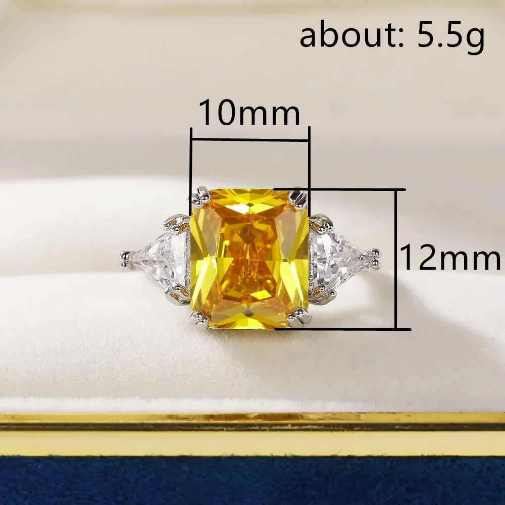 Huitan Geometric Shaped Yellow Cubic Zirconia Rings Silver Color Wedding Bands for Women Brilliant Accessories  Party Jewelry