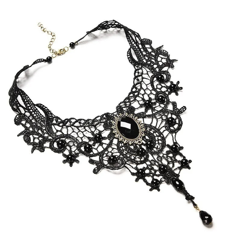 Fashion New Vintage Gem Black Lace Bead Necklace Gothic Steampunk Style Stonego Gothic Collar Necklace Pendant