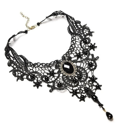 Fashion New Vintage Gem Black Lace Bead Necklace Gothic Steampunk Style Stonego Gothic Collar Necklace Pendant