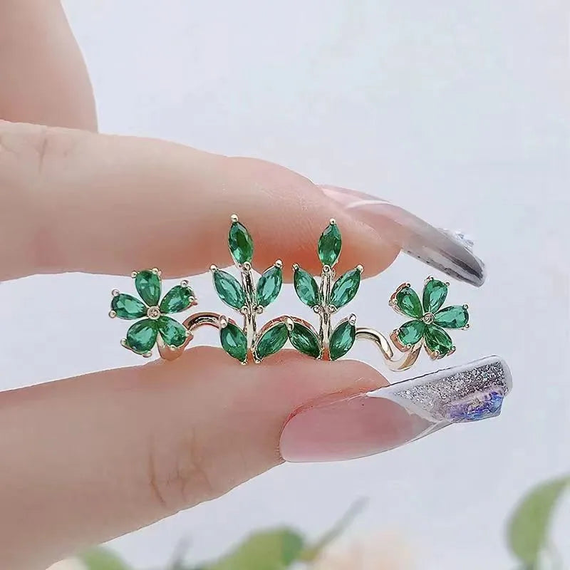 925 Silver Needle Green Flower Earrings For Women Korean Fashion Jewelry 2025 Trending Luxury Zircon Leaf Women's Stud Earrings
