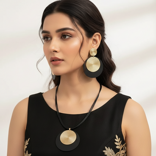 Zenat 3pc/set Large Round Earrings Collar Necklace Set for Women PU Chains Metal Geometric Pendant Necklace Jewelry