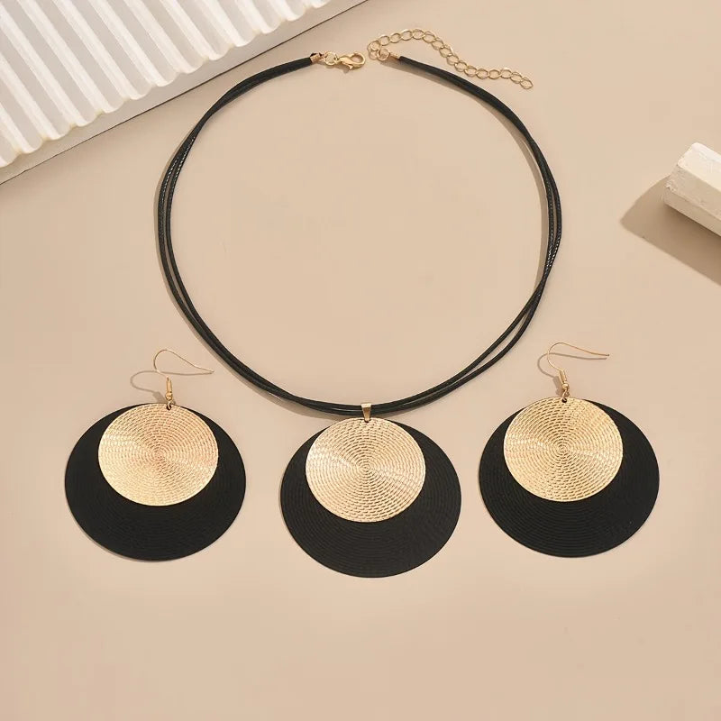 3pc/set Large Round Earrings Collar Necklace Set for Women Exaggerated PU Rope Chains Metal Geometric Pendant Necklace Jewelry