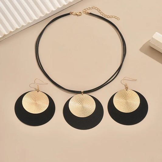3pc/set Large Round Earrings Collar Necklace Set for Women Exaggerated PU Rope Chains Metal Geometric Pendant Necklace Jewelry