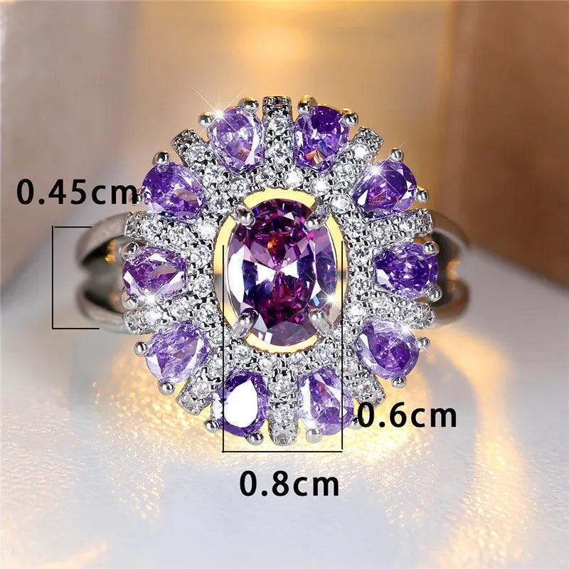 Charm Female Oval Purple Zircon Stone Engagement Big Flower Cocktail Ring Silver Color Wedding Jewelry For Women
