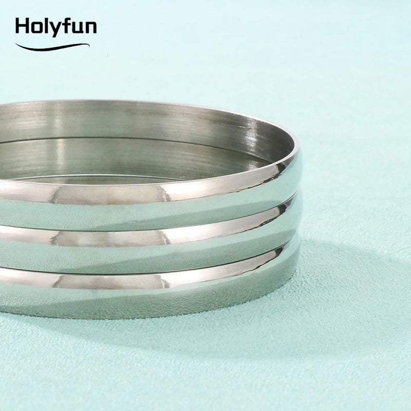 Holyfun 60mm Waterproof 316L Stainless Steel Round Smooth Bracelet Bangle Women Minimalist 18k Gold Color Texture Charm Jewelry