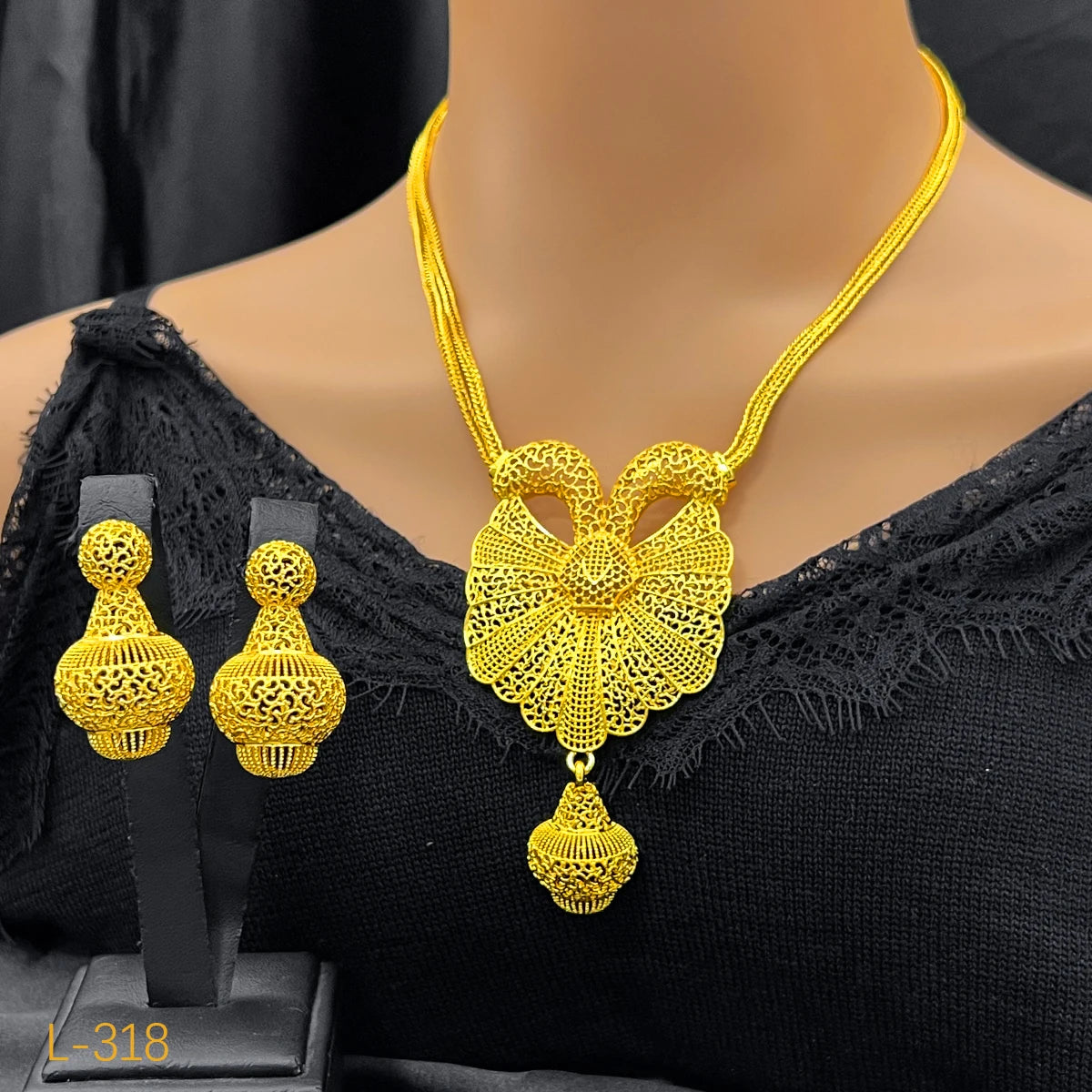 XUHUANG Dubai 24K Gold Color Necklace Earring Jewelry Set For Women Arabic Ethiopian Nigerian Banquet Wedding Party Copper Gifts