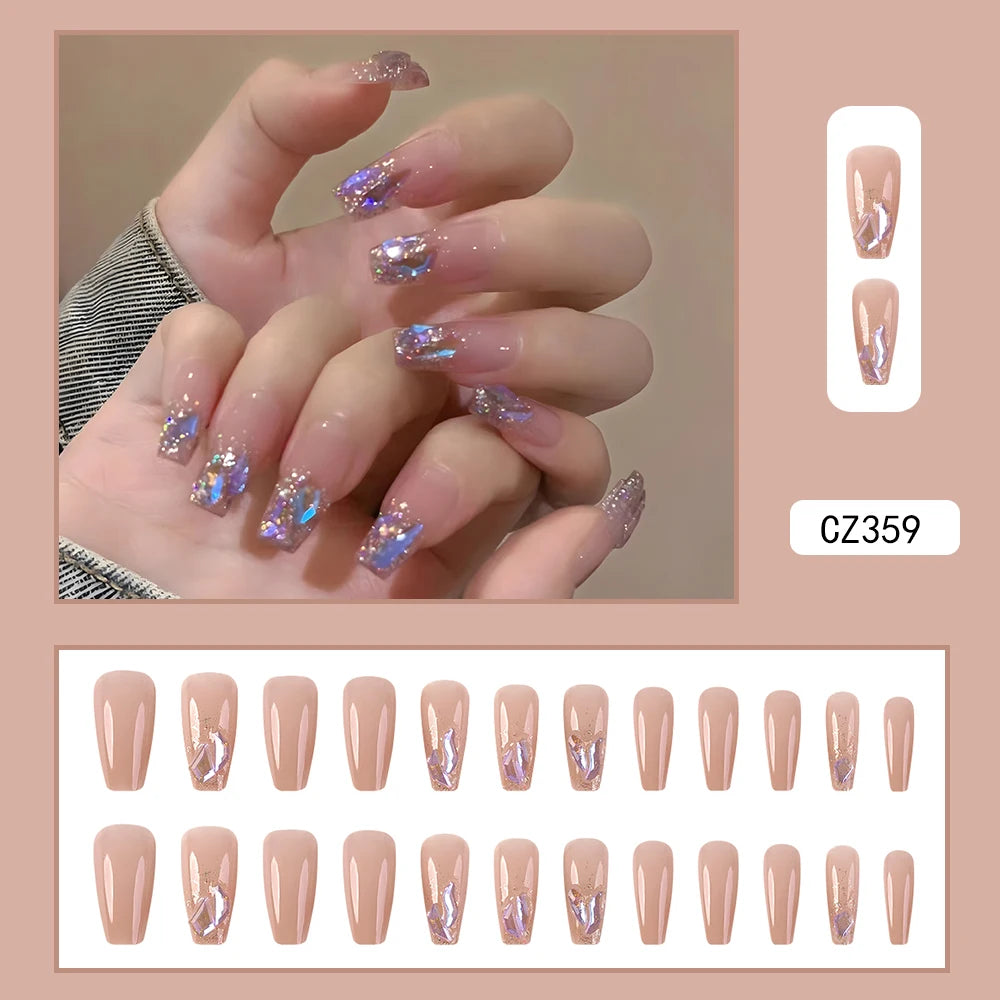 24 Pcs Short Coffin Press On Nails Pink White False Nails with Rhinestone Reusable Fake Nails With Jelly Tab