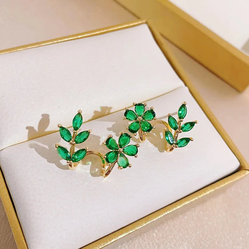 925 Silver Needle Green Flower Earrings For Women Korean Fashion Jewelry 2025 Trending Luxury Zircon Leaf Women's Stud Earrings