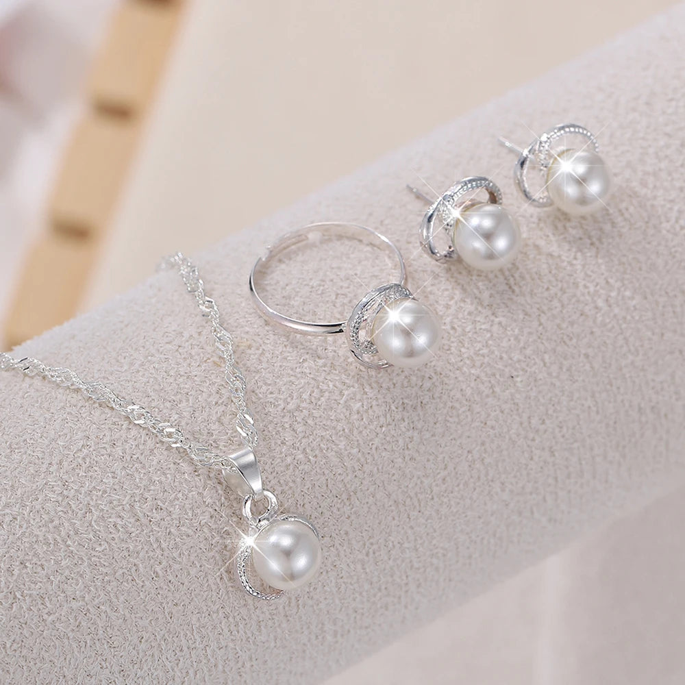 4pcs Rhinestone Jewelry Set Including Necklace, Earrings, Ring, Vintage Elegant Necklace Adorned With Faux Pearls In Petals Spri