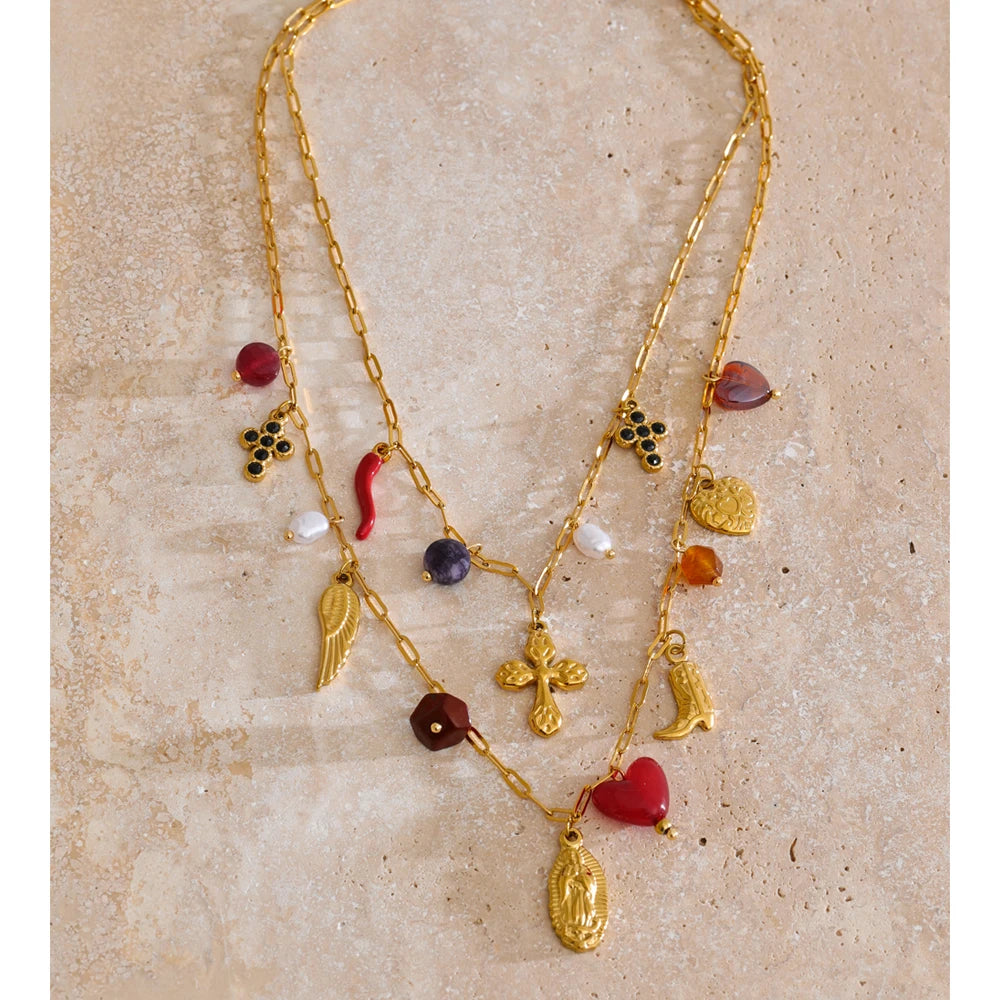 Yhpup Double-Layer Chain Heart Cross Religious Drop Stacking Charm Pendant Necklace 18K Golden Stainless Steel Statement Jewelry