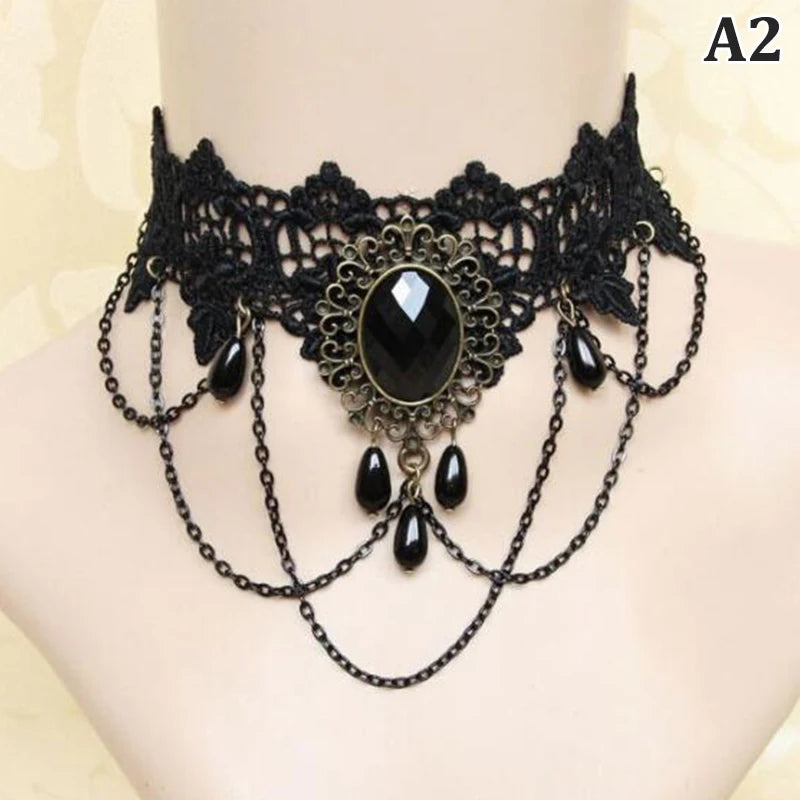 New Sexy Gothic Chokers Crystal Black Lace Neck Choker Necklace Vintage Victorian Women Chocker Steampunk Jewelry