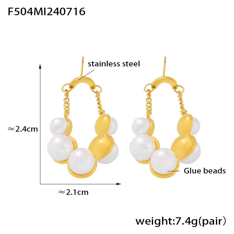 Gorgeous Round Earrings For Women Stainless Steel Vintage Pearl Pendant Gold Plated Waterproof Ear Stud Charm Jewelry Gift