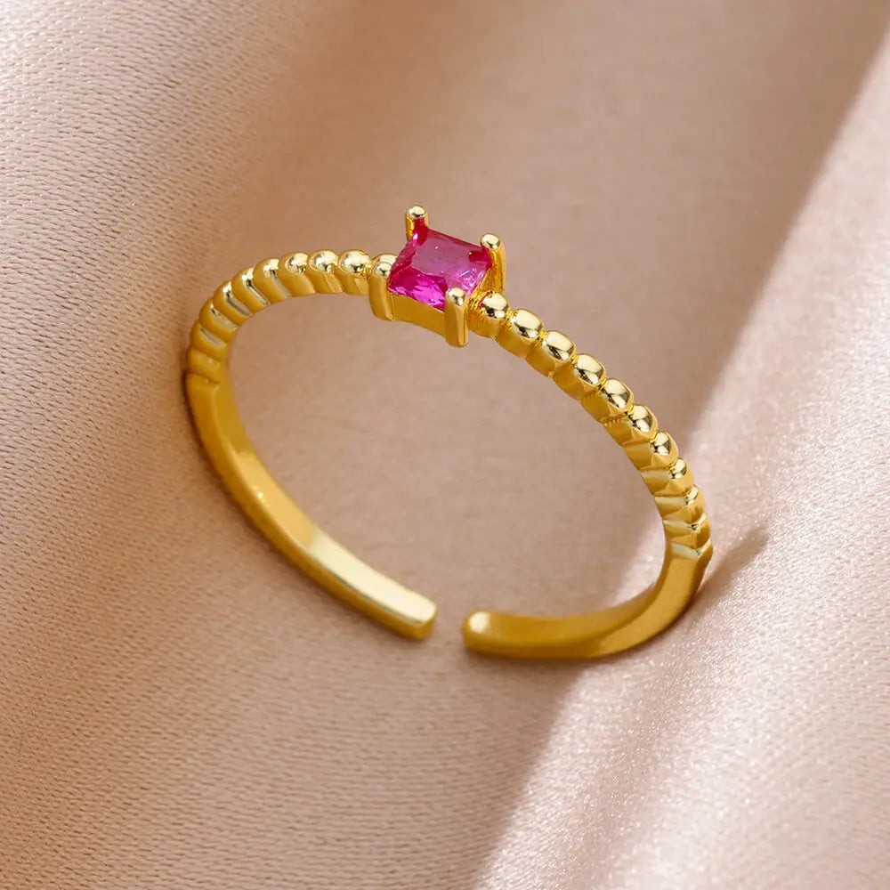 Colorful Cubic Zircon Open Ring For Women Stainless Steel Gold Color Square Rings Bohemian Romantic couple Jewelry Gifts