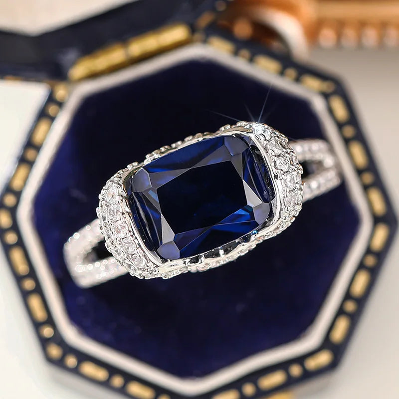2025 New Blue Cube Zircon Attends Banquet Ring Fashionable, Elegant, High End Women's Bridal Luxury Inlaid Jewelry Accessories