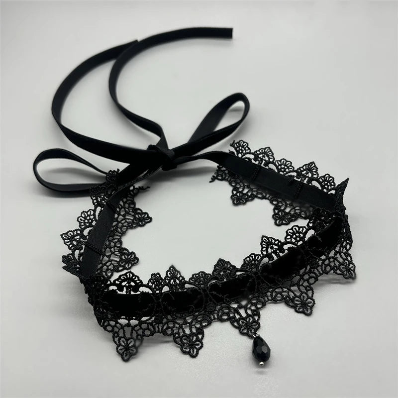 2025 New Sexy Lace Flower Necklace for Women Gothic Punk Velvet Collar Choker Black Waterdrop Pendent Necklace Strap Bow Jewelry