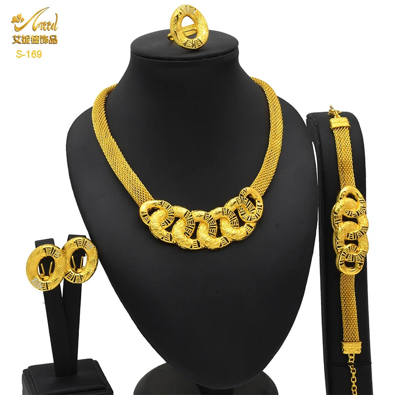 ANIID Luxury Indian Jewelry Sets for Women Party Dubai 24K Gold Color Necklace Set African Wedding Traditional Jewelry Gifts