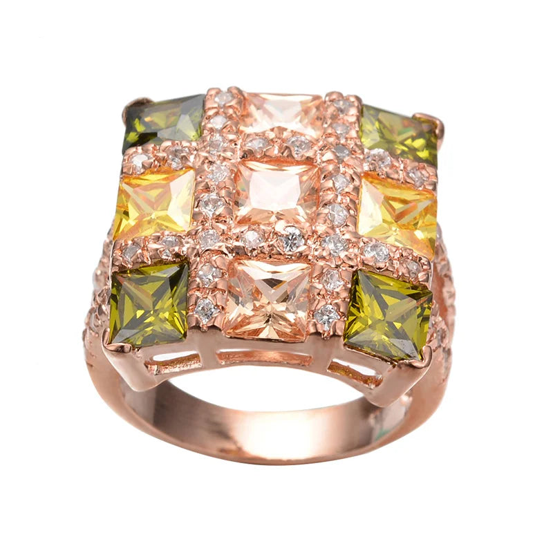 Luxury Female Multicolor Zircon Large Square Rings For Women Rose Gold Color Yellow Olive Green Stone Big Cocktail Ring Jewelry