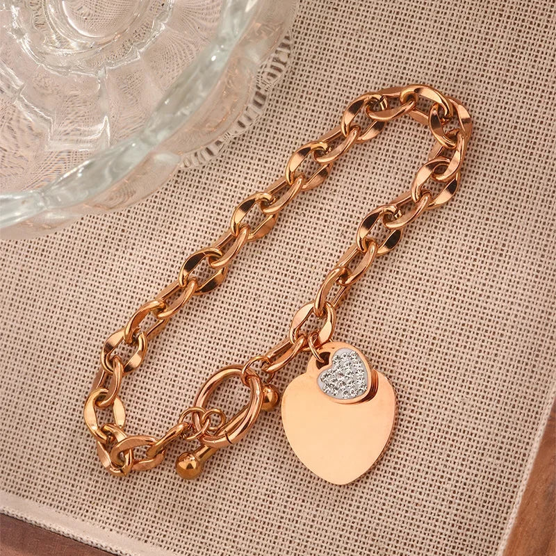 1 Pcs Bangle For Women Girl Not Fade Stainless Steel Gold Plated Waterproof Geometric Heart Pendant Bracelet Jewelry