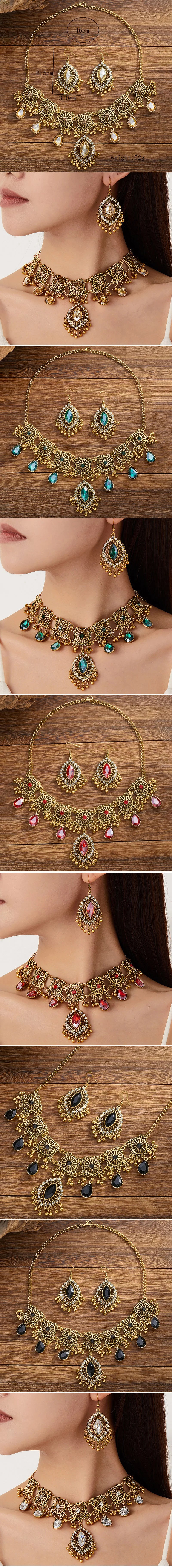 Ethnic Vintage Jewelry Set Resin Stone Jewelry Sets Hollow Metal Water Drop Pendant Necklace Earrings Set For Women Gift Jewelry