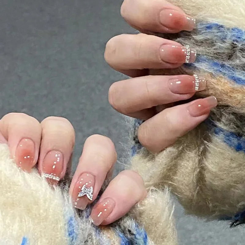 24Pcs Glitter Diamond Press On Nails Sweet Cute Girl Acrylic Nails Full Cover Short Square Fake Nails Wearable Manicure Nail Tip